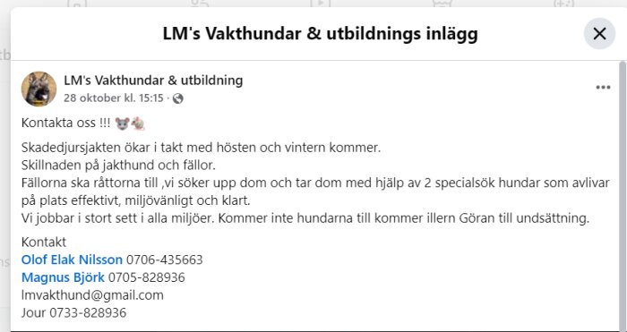 En Facebook-annons för LM's Vakthundar & utbildning, med kontaktinformation och en beskrivning av tjänster för skadedjursbekämpning med specialtränade hundar.