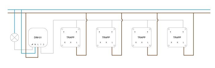 Diagram över elektrisk installation med Plejdpuck och flera strömbrytare i trappkoppling, inklusive korsomkopplare i mitten.