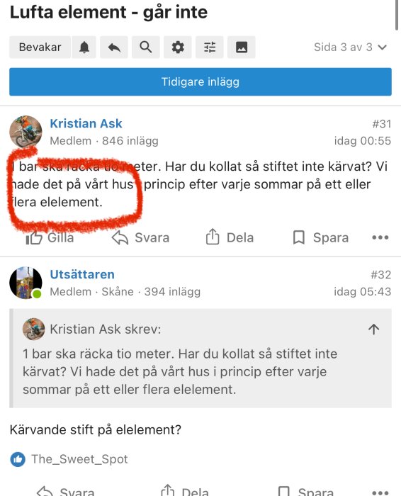 En skärmdump av ett diskussionsforum om att lufta element, med en röd cirkel runt ett textstycke.