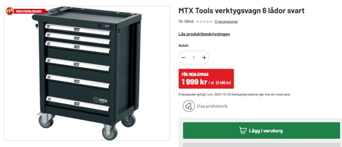 Svart verktygsvagn med sex lådor från MTX Tools på hjul, markerad till kampanjpris på en webbsida från Motonet.