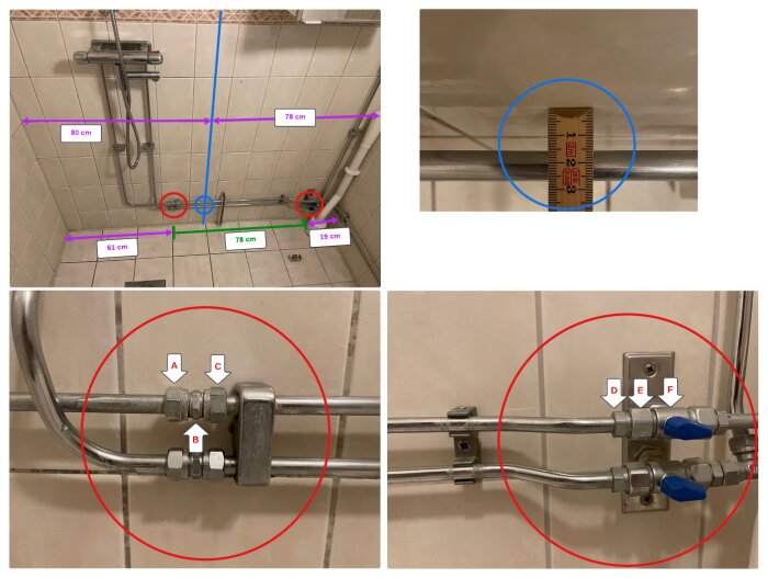 Monteringsbild av duschhörn med mått och rör för installation markerade med färgade linjer och cirklar. Rördelar och ventiler visas i detalj.