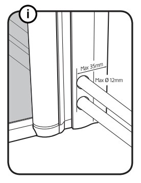 Illustration av duschhörnsprofil, med mått för rördragning: max 12 mm diameter och 35 mm ut från väggen. Rör som passerar genom profil visas.