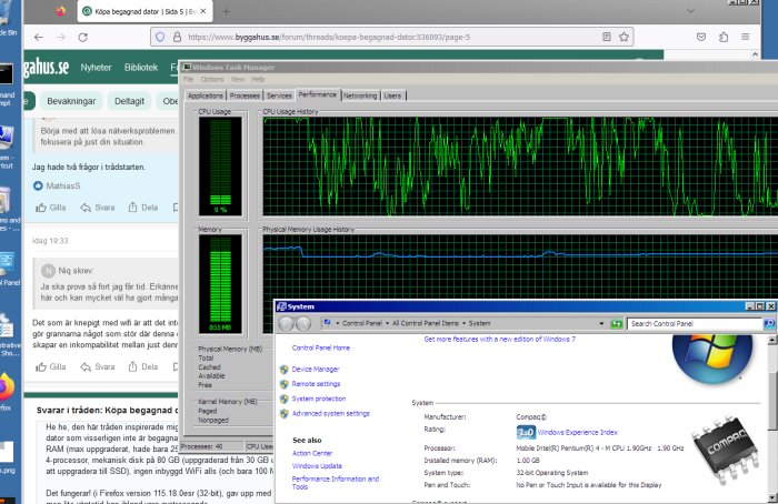 Skärmdump av Windows XP Task Manager som visar CPU- och RAM-användning, samt systeminformation för en gammal Compaq-dator med Windows 7.