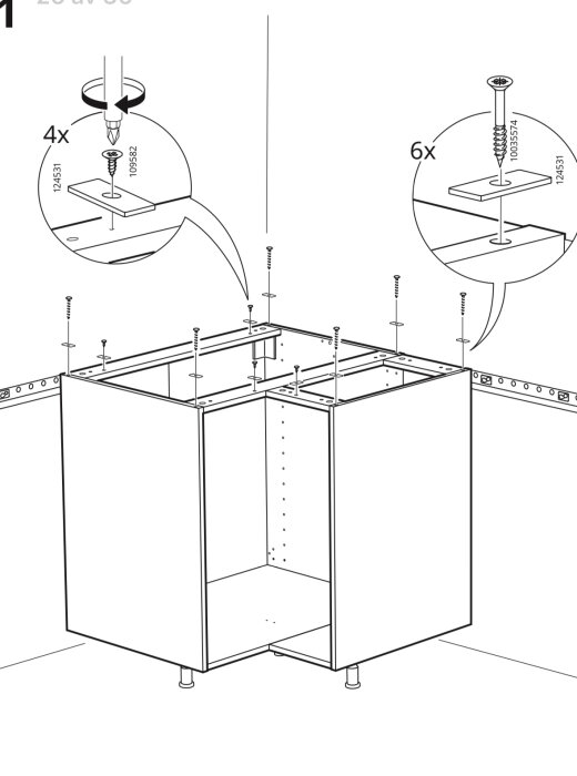 Illustration av monteringsanvisningar för ett hörnskåp med fyrkantiga brickor som distanser och skruvar för fastsättning av skivan ovanpå.