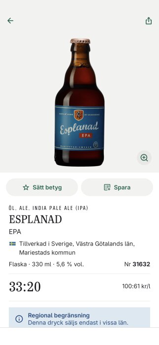 Flaska med Esplanad EPA, en IPA öl, tillverkad i Västra Götalands län, Mariestad, Sverige. Flaskans volym är 330 ml och alkoholhalten 5,6 %.