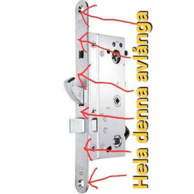 Låshus med pilar som markerar olika delar och texten "Hela denna avlånga".