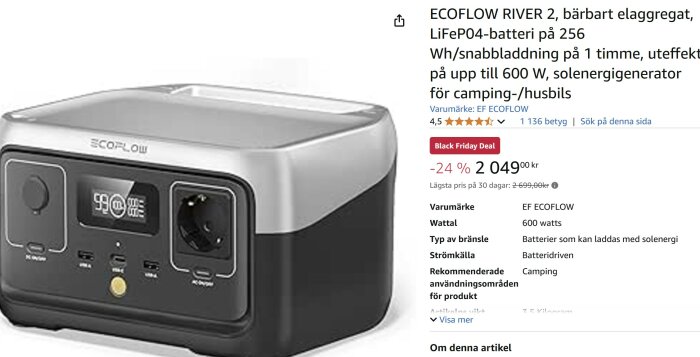 Bärbart elaggregat Ecoflow River 2 med LiFePO4-batteri, snabb laddning, 600 W uteffekt. Passar för camping och husbilar. Rabatt 24% på 2 049 kr.