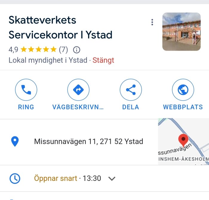 Karta över Missunnavägen i Ystad, markerar Skatteverkets servicekontor med adress och öppettider.