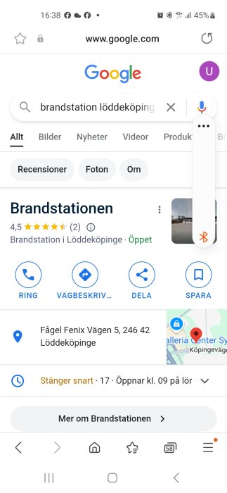 Skärmbild av en Google-sökning på "brandstation Löddeköpinge" med adress och betyg.