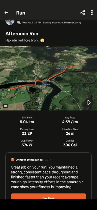 Karta över löprutt på 5,04 km vid Torsång över Dalälven. Statistik visas: tid 23:29, medelhastighet 4:39/km, höjdstigning 26 m, kalorier 306.