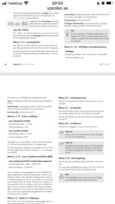 Instruktionsbok för NIBE F1226 visar olika driftslägen för värmebärarpumpen: auto, intermittent och kontinuerlig, samt inställningar för maximal effekt.