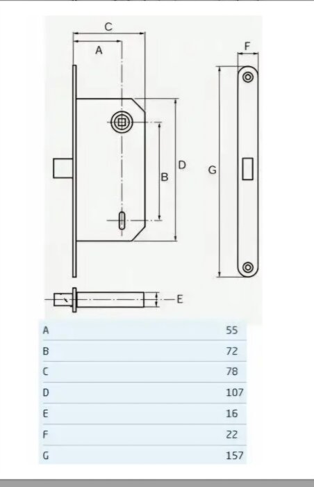 Ritning av låskista med mått: A=55mm, B=72mm, C=78mm, D=107mm, E=16mm, F=22mm, G=157mm, används för att hitta ersättning till Rex 22.