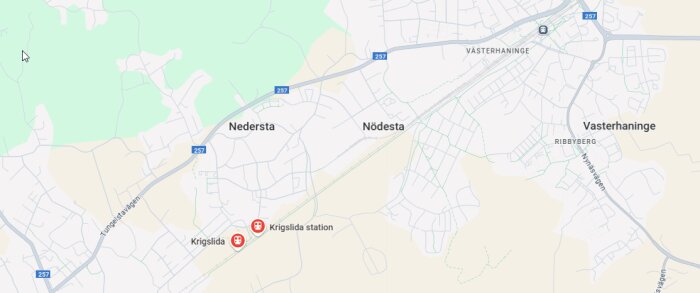 Karta som visar Krigslida station nära Västerhaninge, Nedersta och Nödesta i Sverige.