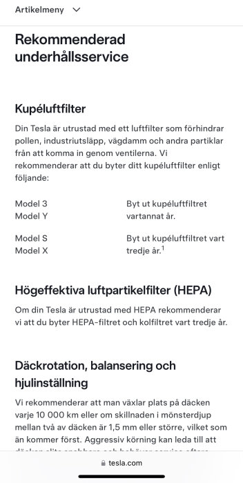 Tesla service-anvisningar för underhåll av kupéluftfilter, inklusive byteintervaller för Model 3, Y, S och X samt rekommendationer för däckrotation.