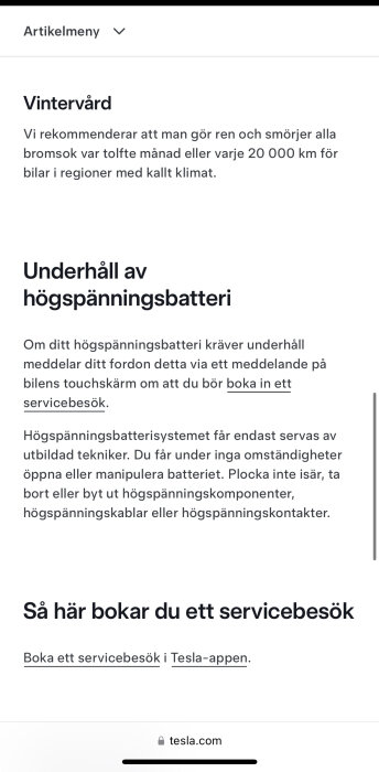 Skärmavbild av Teslas underhållsguide för vintervård och högspänningsbatteri med tips och bokningslänkar för servicebesök.