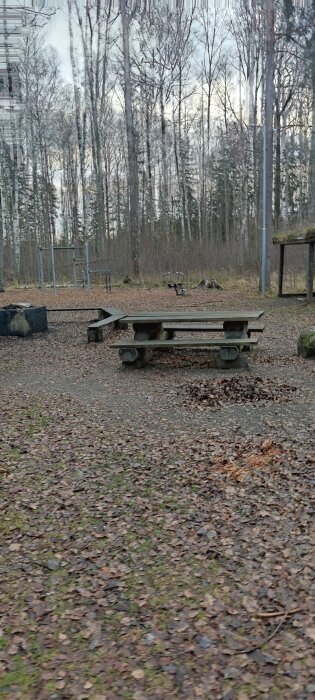 Utomhusmiljö med träbord och bänkar, en lekställning i bakgrunden och omgivande träd. Marken täckt av höstlöv och grus.