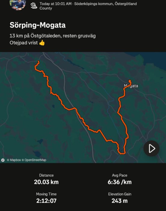 Karta över löprunda från Sörping till Mogata på 20 km, 13 km stig och resten grusväg. Tid: 2:12:07, höjd: 243 m, tempo: 6:36/km.