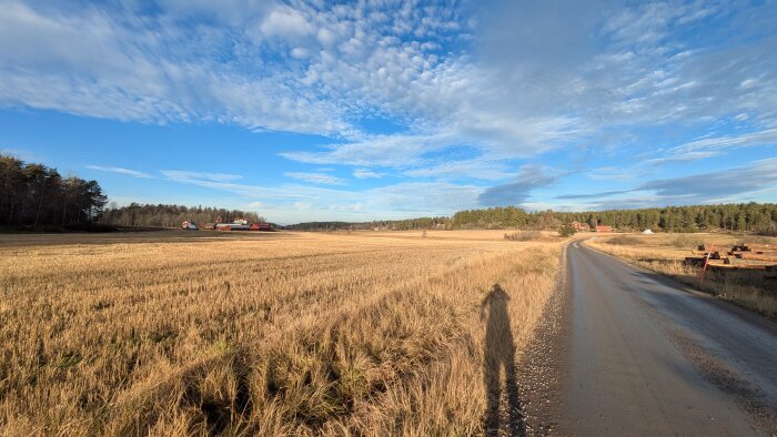 Landskapsvy över åker med grusväg och röda hus i horisonten under en klarblå himmel med moln.