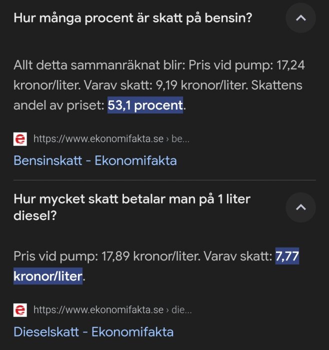 Skärmdump som visar beskattning på bensin och diesel med skatteprocent och belopp i Sverige från Ekonomifakta.se.