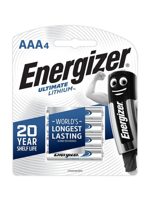 Förpackning med fyra Energizer Ultimate Lithium AAA-batterier med text om 20 års hållbarhet och "världens längst hållbara" i högteknologiska enheter.