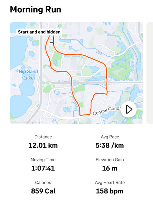 Karta över löprunda på 12,01 km i Central Florida, med en snitttid på 5:38/km, avklarad på 1:07:41, brända 859 kalorier, snittpuls 158 bpm.