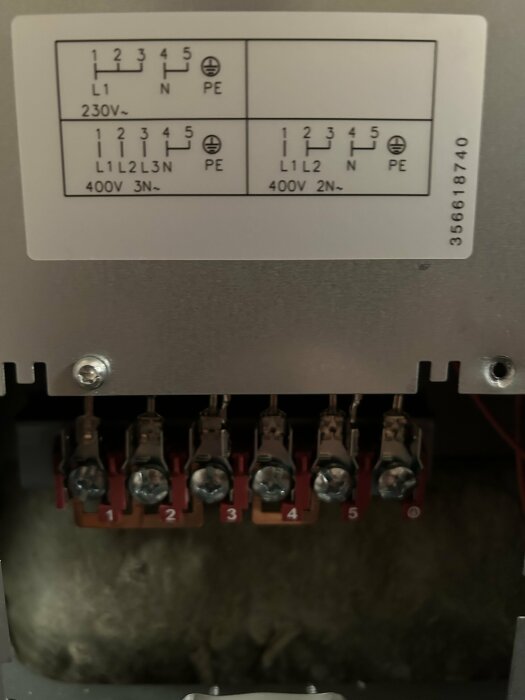 Anslutningspanel och kopplingsschema för en elektrisk spis, visar olika faser och jord, med markeringar för 230V och 400V.