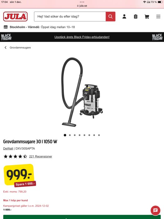 Bild av DeWalt grovdammsugare 30L, 1050W från Jula med kampanjpris 999 kr.