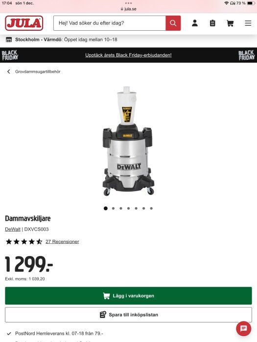 Dewalt dammavskiljare med cyklonfilter från Jula, grovdammsugartillbehör på erbjudande för 1299 kr.