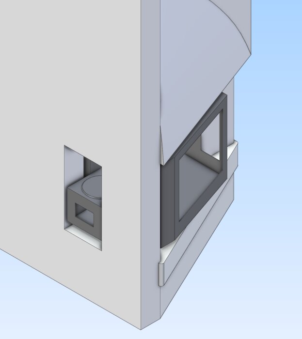 3D-skiss av murstock med ny design, spisplatta i rektangulärt hål, utan ugnsfack. Glasöppning ovan och stål-lucka under för bränsleinmatning.