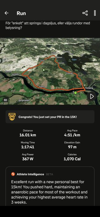 Kartvy över löprunda på 16,01 km vid Dalsjö Golf med detaljer som medelhastighet 4:51/km och brända kalorier 1070.