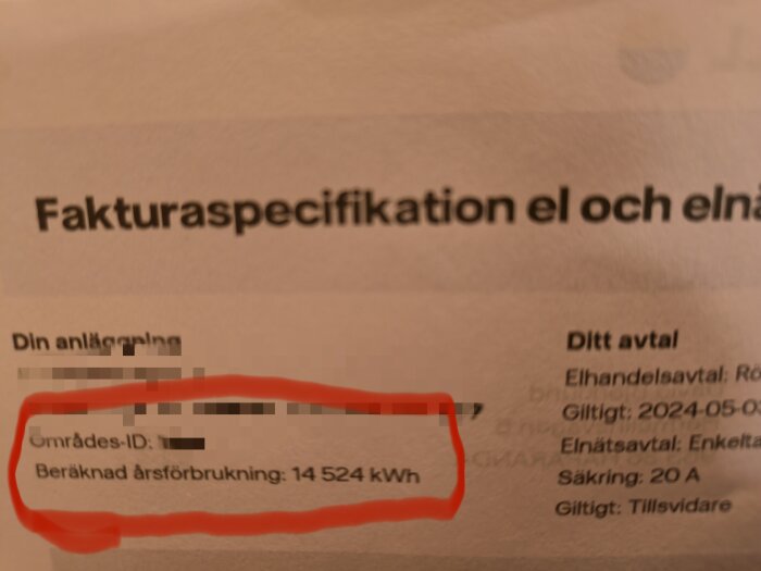 Bild på en elräkning med texten "Fakturaspecifikation el och elnät" där den beräknade årsförbrukningen är markerad som 14 524 kWh.