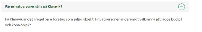 Skärmdump från ett diskussionsforum, där en fråga ställs om privatpersoner får sälja på Klaravik, med svaret att företag säljer men privatpersoner kan buda.