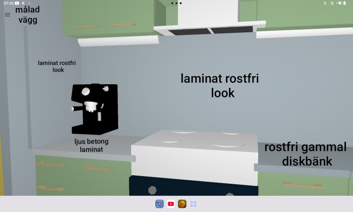 Kök smyckat med grönskåp, ljus betonglaminat och rostfritt stål; skiss med svävande kaffebryggare och kombinerade ytor.