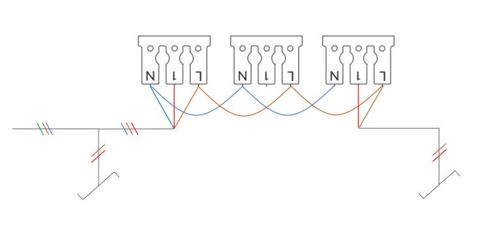 Elritning som visar lösning med kopplingsschema för elektriska anslutningar med tre terminaler, märkta N, L1, L, och färgade ledningar.