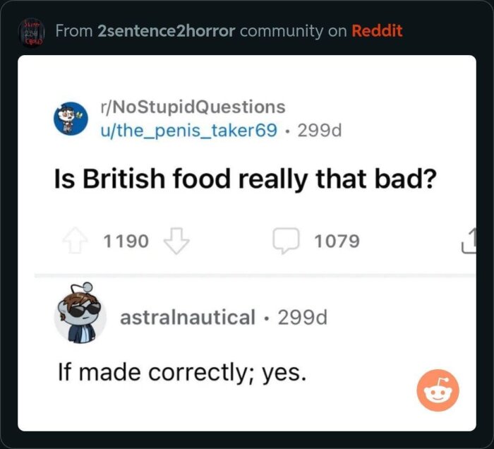 Skärmdump från Reddit med en fråga om brittisk mat och ett humoristiskt svar angående dess kvalitet.