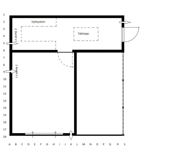 Planlösning av garage med förråd, visande placering av luft-luft värmepumpar och ventilationspunkter för tilluft och frånluft.