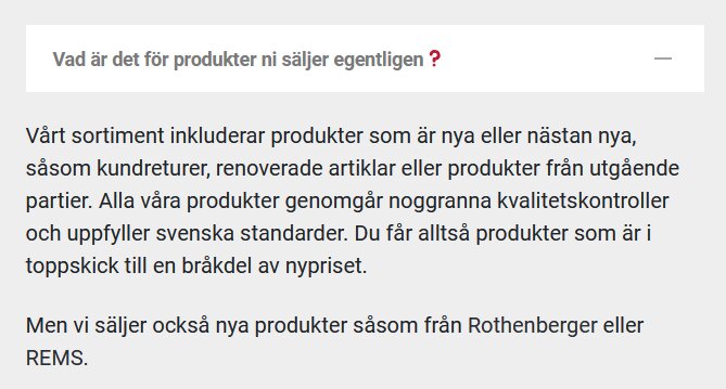 Bild på en textbeskrivning av VVS-butiken VVS Outlet’s sortiment, inklusive kundreturer, renoverade och nya produkter.