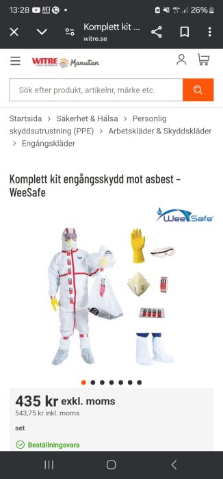 Komplett engångsskyddskit mot asbest, inklusive skyddsdräkt, handskar, glasögon, andningsmask, skoöverdrag och säkerhetspåse.