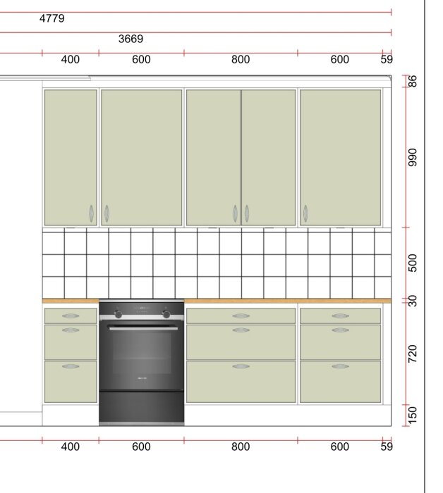 Ritning av kök med mått, visar vägg med överskåp, ugn och bänkskiva. Plats för imkanal över skåp är markerad. Planering för köksrenovering.