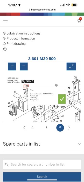 Reservdelskatalog för sågen med position 122 markerad, visar reservdel "Filter" med artikelnummer 2 610 017 015 och tillgänglighet.