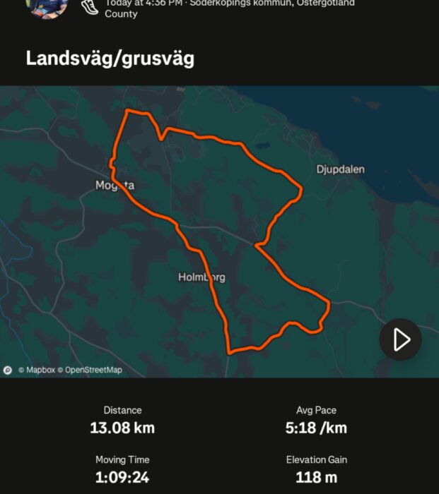 Karta över en löprunda på landsväg/grusväg i Söderköpings kommun, med en distans på 13,08 km och en höjdökning på 118 m.