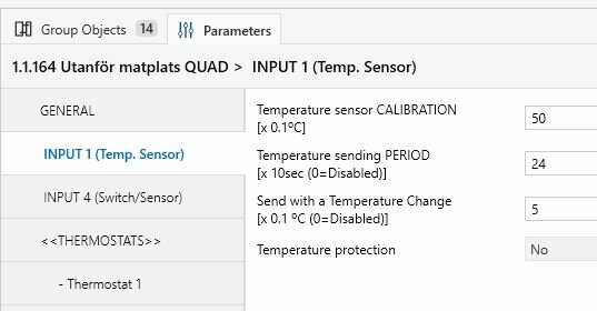 Skärmbild av inställningar för temperatursensor, inklusive kalibreringsvärden, sändningsperiod och temperaturändringsinställningar för en INPUT 1-enhet.