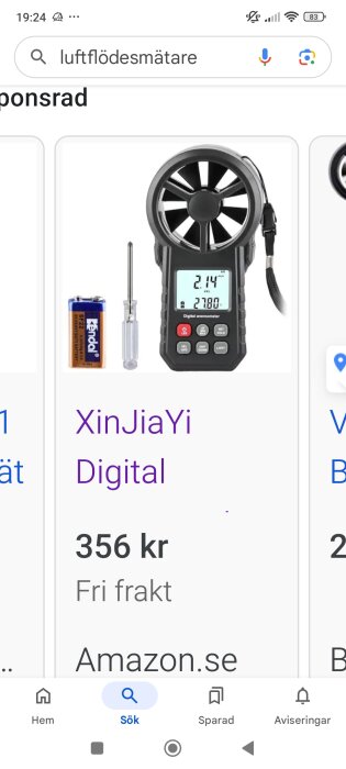 Digital anemometer med skärm, bredvid Kenidi batteri och skruvmejsel, listad för 356 kr på Amazon.se med fri frakt.