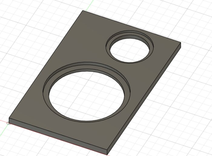 3D-modell av en högtalarpanel med två runda utskärningar i MDF, en större och en mindre, för högtalarelement.