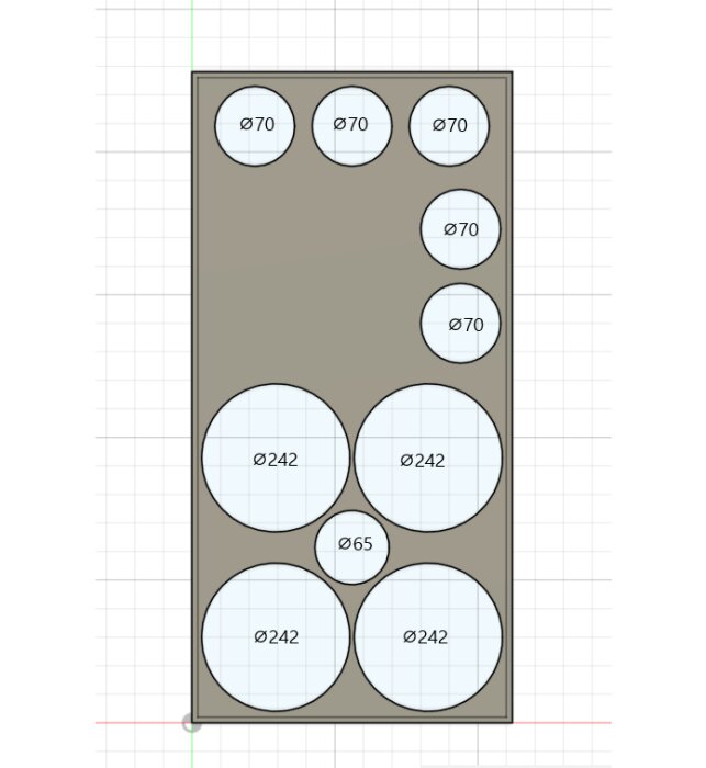Ritning av högtalarpanel med cirkulära utskärningar, diametrar markerade: Ø70, Ø242, Ø65 mm, indikerar högtalarplaceringar.