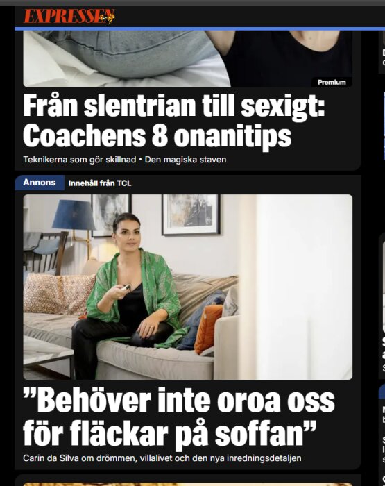 En tidningssida med rubriken "Från slentrian till sexigt: Coachens 8 onanitips" och en kvinna som sitter på en soffa i en annons.