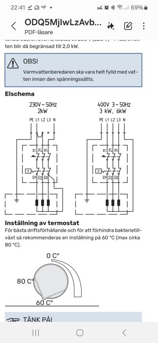 Elscheman för 230V och 400V värmeinstallation, inklusive termostatinställning vid 60°C för optimal drift och bakteriekontroll i varmvattenberedare.