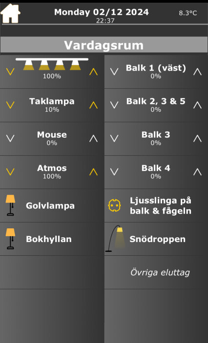 Gränssnitt för smart hem-app med ikoner och procentuella justeringar av belysningsinställningar i vardagsrum, inklusive taklampa och golvlampa.