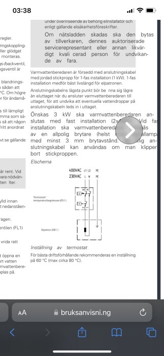 Elschema för varmvattenberedare med instruktioner för 1-fas och 3 kW installation, inklusive termostatinställningar och kopplingsschema.