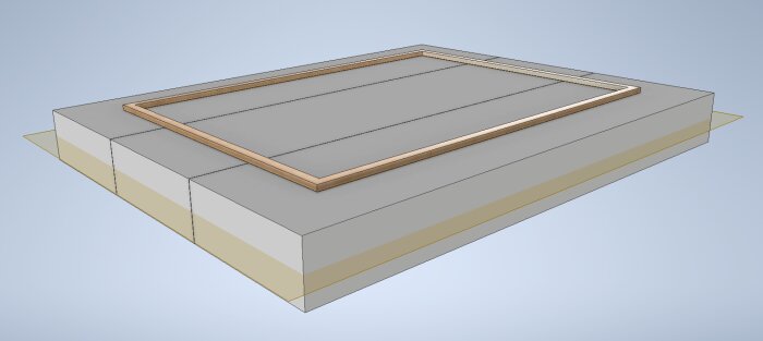 Diagram av betongplattform med träsyll på toppen, visar konstruktion för lösvirkeshus på husbåt.